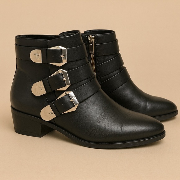 Taryn Rose Black Leather Side-Zip Ankle Boots with Silver Buckle Detail - Picture 1 of 7